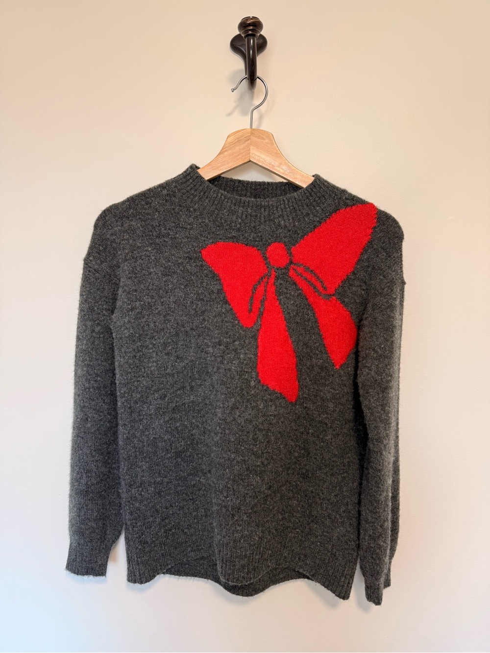 Loft Gray Sweater with Red Bow Accent — Size Xs Petite